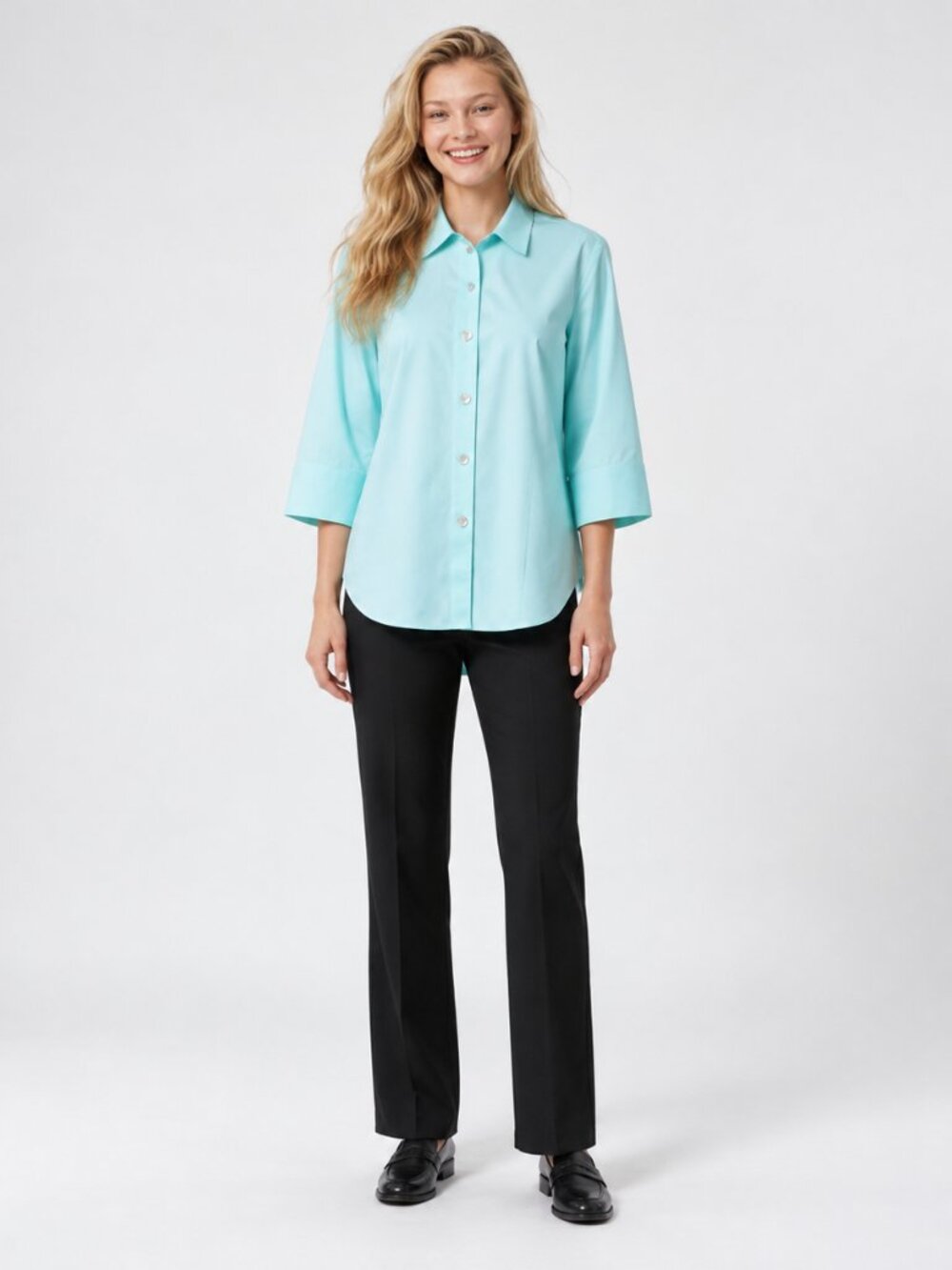 Foxcroft Aqua Blue Non-Iron Fitted Fit 3/4 Sleeve 100% Shirt 18W